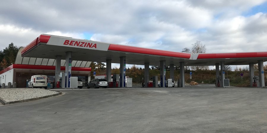 Gas station in Czech Republic with fuel pumps and convenience store