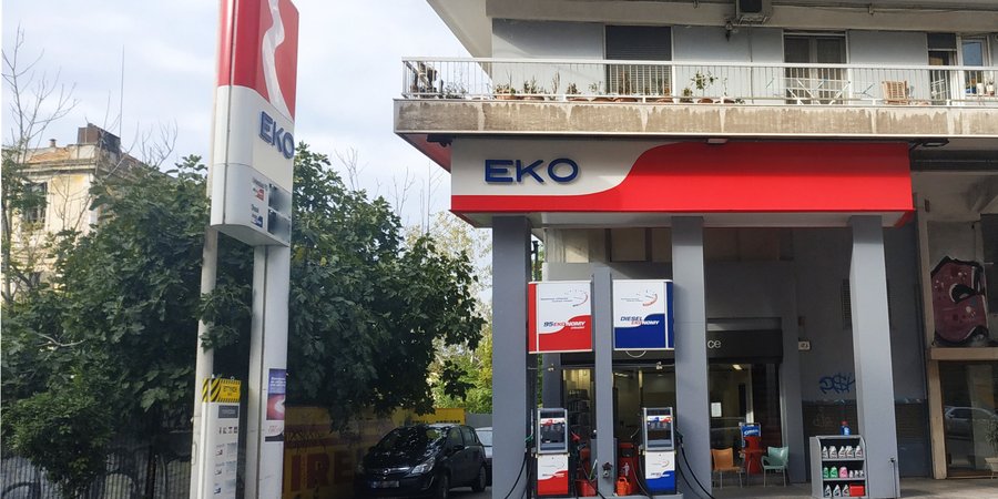 Gas station in Greece with fuel pumps and convenience store