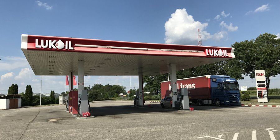 Gas station in Hungary with fuel pumps and convenience store
