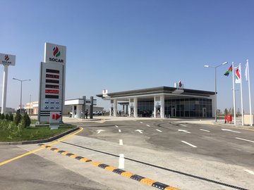 View of the SOCAR fuel station in Baku with pumps and convenience store
