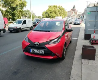Front view of a rental Toyota Aygo in Prague, Czechia ✓ Car #45. ✓ Manual TM ✓ 1 reviews.
