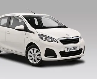 Front view of a rental Peugeot 108 on Rhodes, Greece ✓ Car #1456. ✓ Manual TM ✓ 0 reviews.