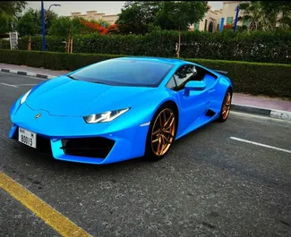 Front view of a rental Lamborghini Huracan in Dubai, UAE ✓ Car #5652. ✓ Automatic TM ✓ 0 reviews.