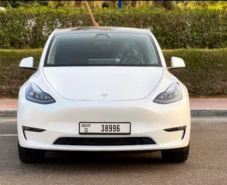 Front view of a rental Tesla Model Y – Long Range in Dubai, UAE ✓ Car #5663. ✓ Automatic TM ✓ 0 reviews.