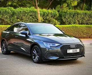 Audi A3 Sedan 2022 car hire in the UAE, featuring ✓ Petrol fuel and  horsepower ➤ Starting from 415 AED per day.