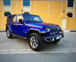 Jeep Wrangler Sahara 2022 car hire in the UAE, featuring ✓ Petrol fuel and  horsepower ➤ Starting from 772 AED per day.
