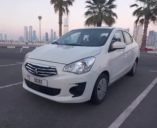 Front view of a rental Mitsubishi Attrage in Dubai, UAE ✓ Car #6275. ✓ Automatic TM ✓ 0 reviews.