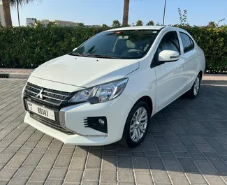 Front view of a rental Mitsubishi Attrage in Dubai, UAE ✓ Car #4869. ✓ Automatic TM ✓ 0 reviews.