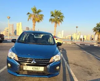 Front view of a rental Mitsubishi Mirage in Dubai, UAE ✓ Car #6582. ✓ Automatic TM ✓ 0 reviews.