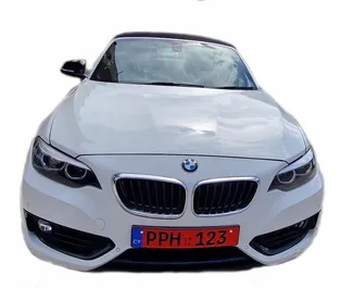 Front view of a rental BMW 218i Cabrio in Paphos, Cyprus ✓ Car #7899. ✓ Automatic TM ✓ 0 reviews.