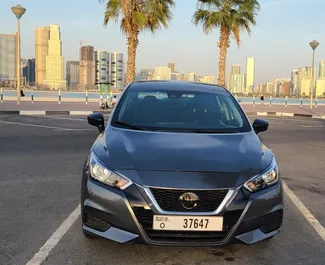 Front view of a rental Nissan Versa in Dubai, UAE ✓ Car #9672. ✓ Automatic TM ✓ 0 reviews.